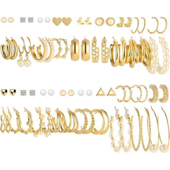 36 Pairs Gold Earrings Set for Women, Fashion Pearl Chain Link Stud - Picture 1 of 7